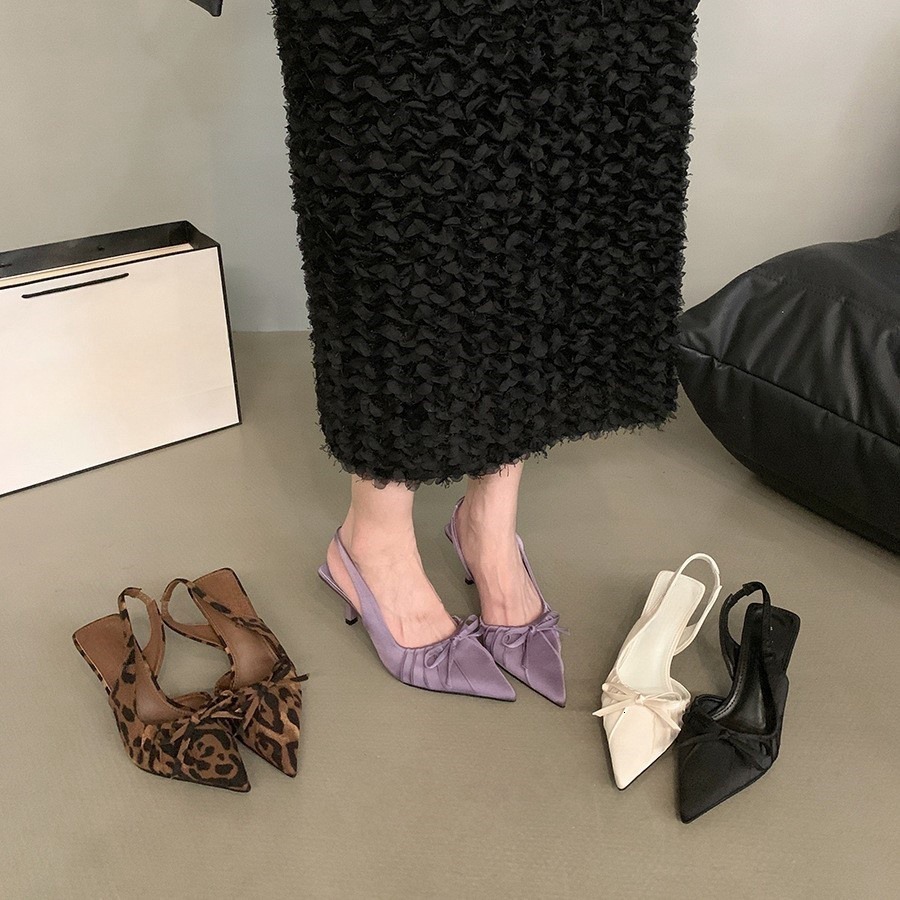 Niche high heels leopard print toe sandals fairy shoes 2024 new summer style pointed bow single shoes 240827