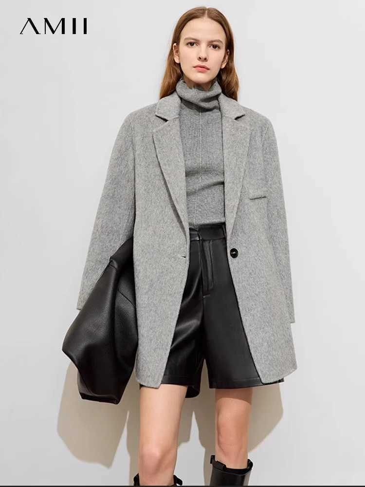 AMII Minimalist Old Money Woolen Coat for Women 2023 Winter Slit Blazer Collar Medium Long Doublesided Tweed Jacket 72324001T251101