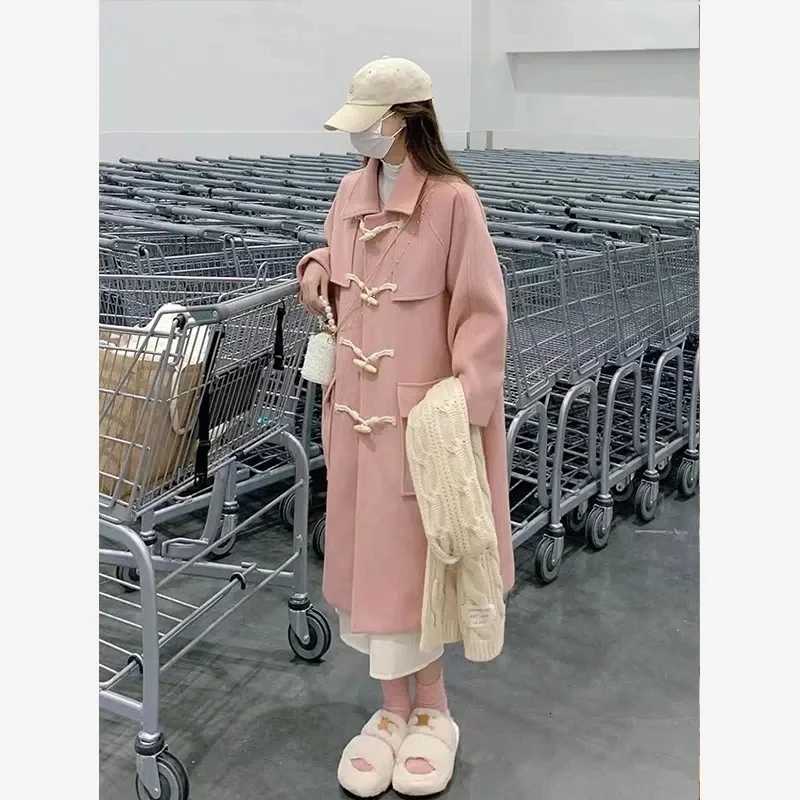 Pink Horn Button Tweed Jacket Women Winter New Japanese Loose Thickened Mid Length Wool Coat Female Casual Sweet Versatile CoatT251101