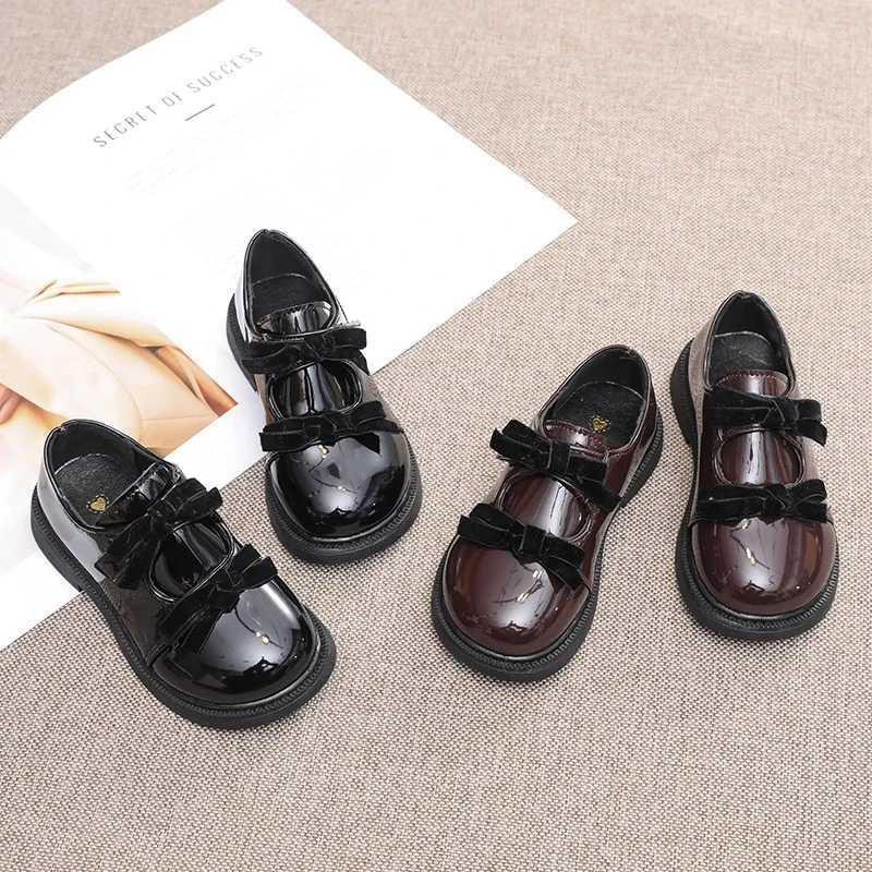 Girls Leather Shoes Black Glossy Kids Performance Shoes Double Bows 2025 Brand New Children Princess Shoes Round Toes Ins SweetT251101
