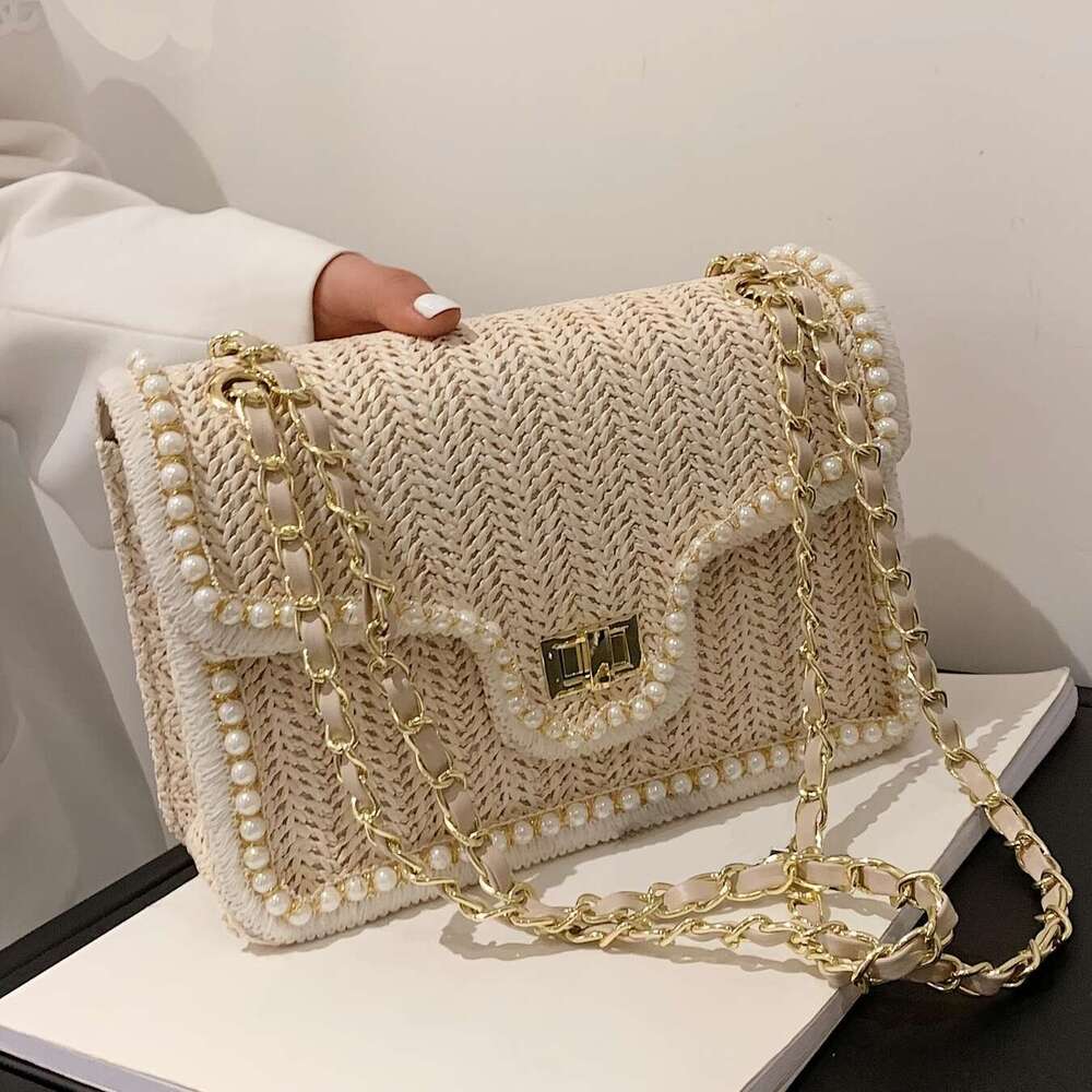 Women'S Chic Woven Straw Shoulder Bag with Pearl Accents, Fashionable Chain Crossbody Purse, Versatile Solid Color, Leather ed, Turn-lock Closure