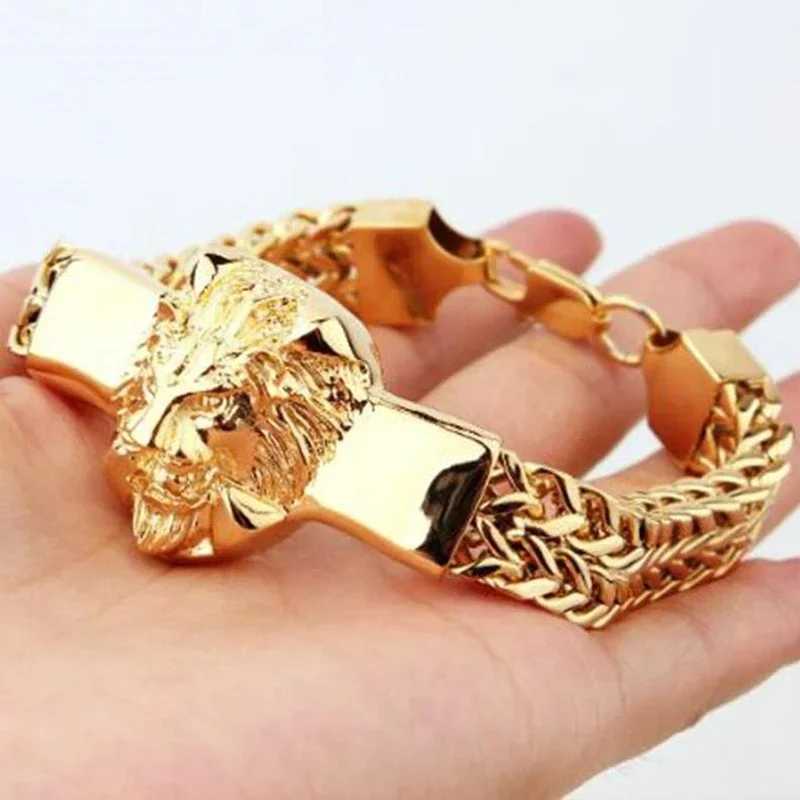 Domineering Lion Head Animal Bracelet Mens Stainless Steel Braided Chain Bracelet Hip Hop Jewelry Y250329