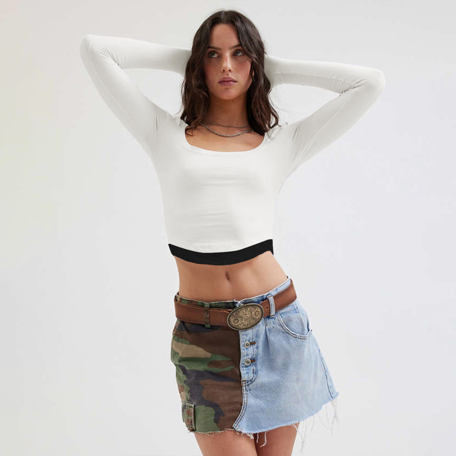 New Y2K American spicy girl pure desire style autumn long sleeved contrasting splicing square neck exposed navel short top T-shirt
