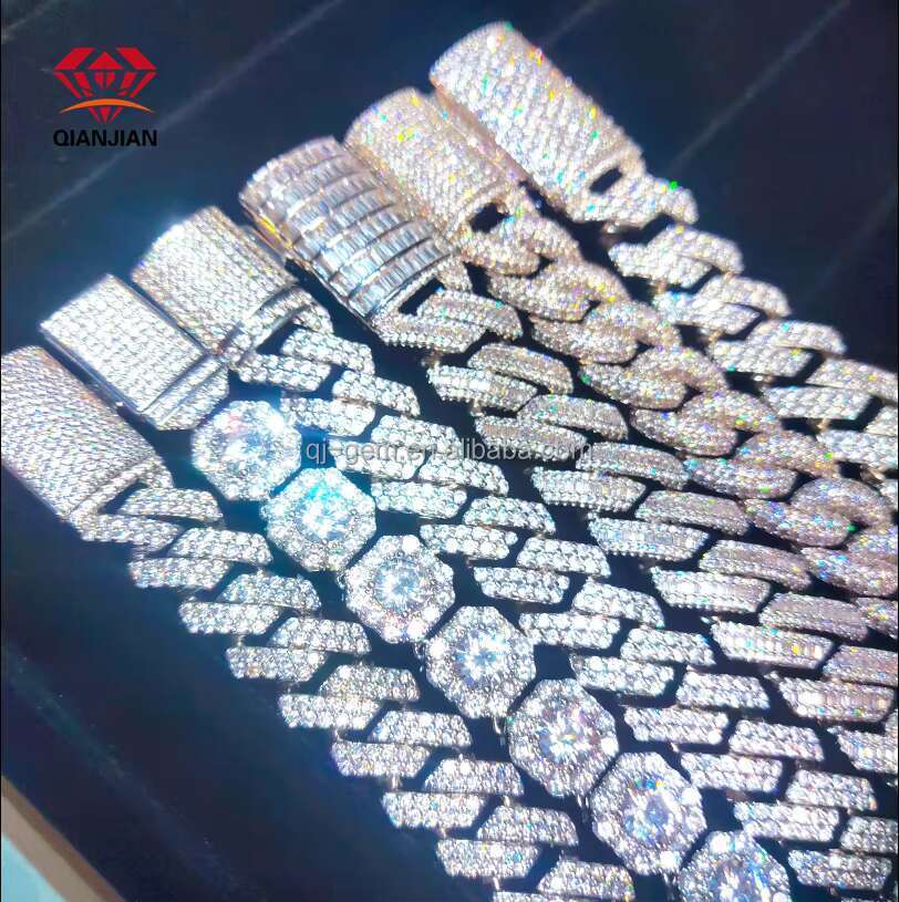 Luxury 10-12 mm Moissanite Cuban Chain Iced Out 925 Silver GRA Certificate D VVS 2 Rows Two Tone Moissanite Cuban Link Chain