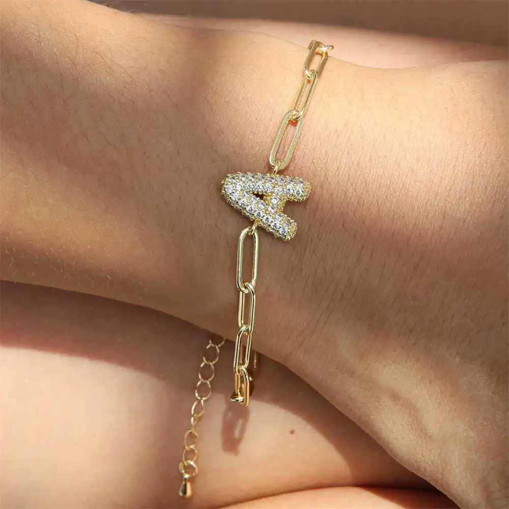 Punk Hip Hop Flash Rhine Stone Shaped Initial Letter Bracelet Stainless Steel Waterproof Zircon Bubble A-Z Letter Chain Bracelet Y250329