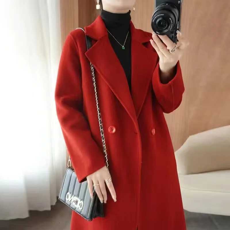 2024 Autumn 100 Double Sided Cashmere Coat Womens Winter New Slim Temperament Wool Coats Solid Casual Female Long OvercoatT251101
