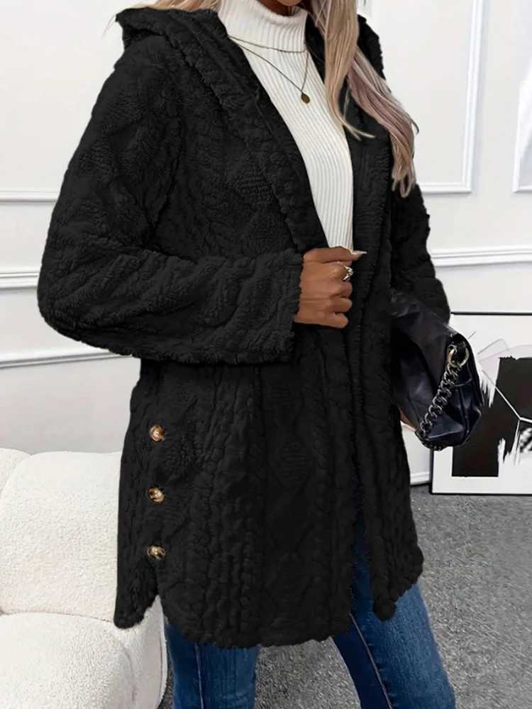 Thickened Plush Button Hooded Womens Cardigan Solid Color Long Sleeved Warm Sweaters Fashion Singlebreasted Woman ClothingT251101