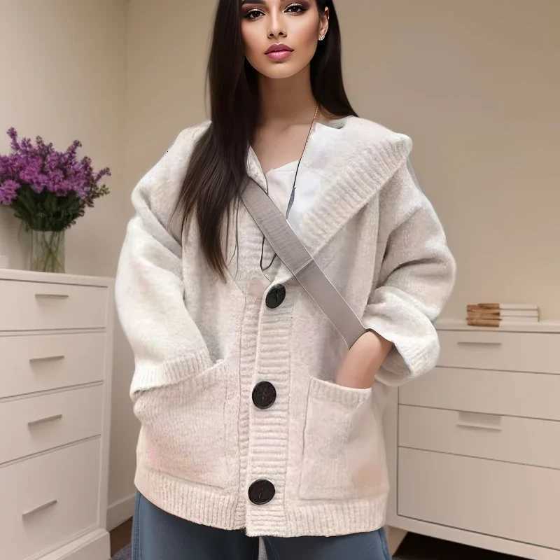 Autumn Casual Knitted Cardigan with Pockets Winter New Womens Vneck Longsleeved Loose Sweater Elegant Solid Color KnitwearT251101