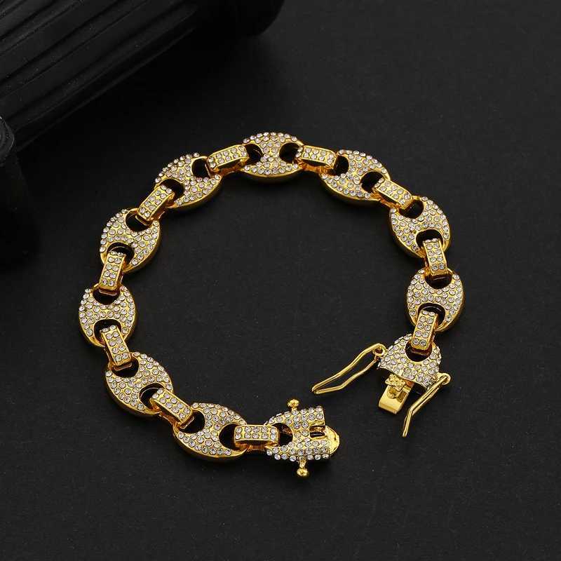 HipHop mens 12mm coffee bean Cuban chain bracelet with sparkling rhinestones set in Miami Cuban chain jewelry Y250329