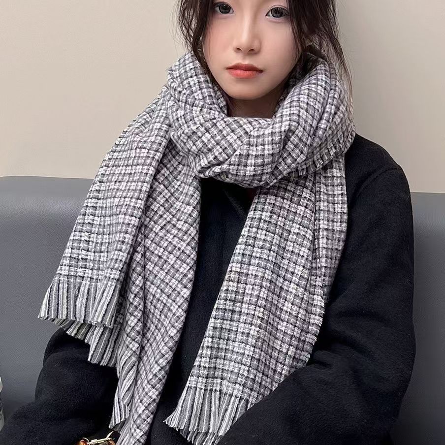 T396 new plaid long scarf female winter soft Korean style small fragrance retro simple warm college shawl