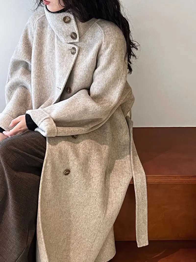 High End Stand Up Collar Woolen Coat For WomenS Autumn And Winter New Mid To Long Style Niche Loose Woolen CoatT251101