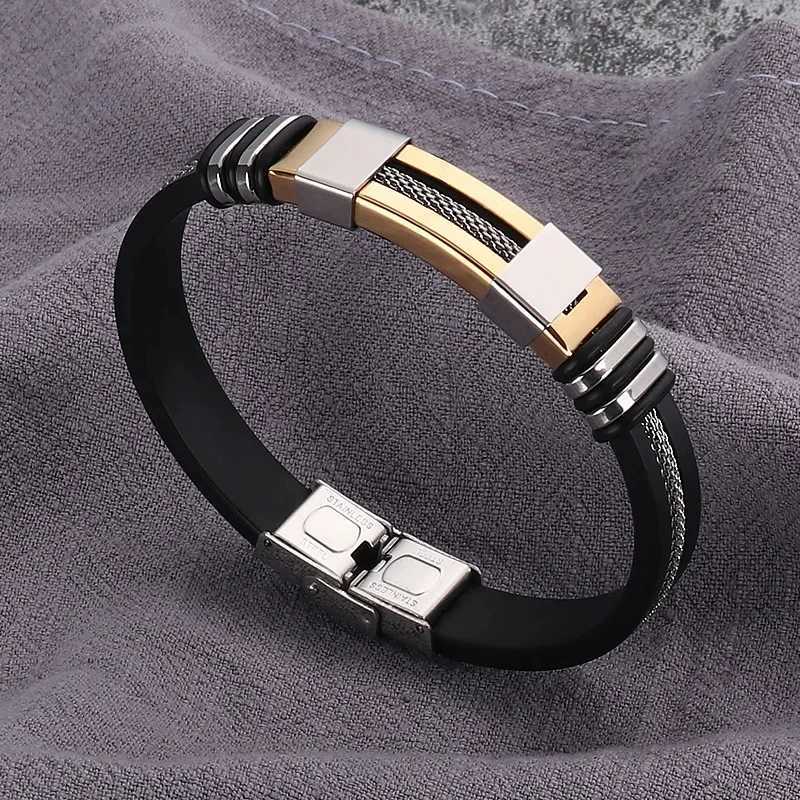 Fashion stainless steel bracelet mens wristband black groove Rudder silicone mesh buckle inserted punk wristband casual bracelet Y250329