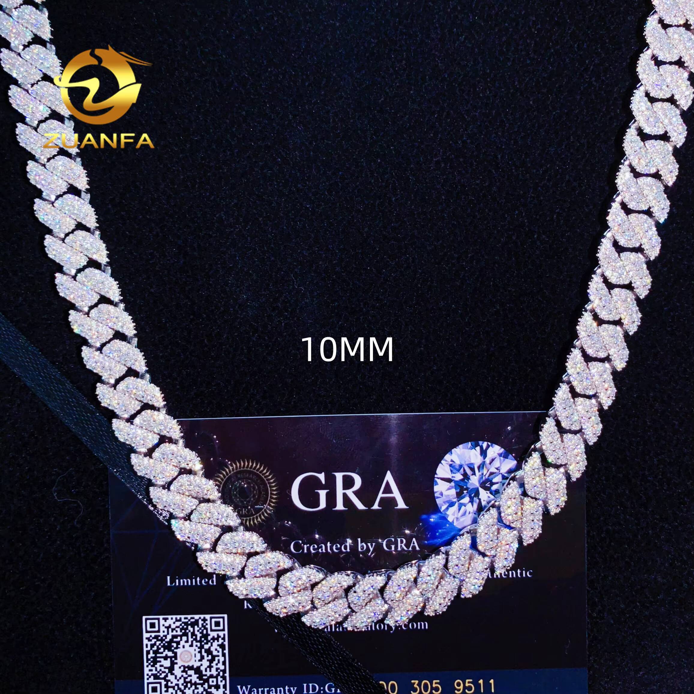 Source Factory 10mm Moissanite Chain Cuban Links Prong Chain Pass Diamond Tester 925 Silver Cuban Link Chain Necklace 2 Tone