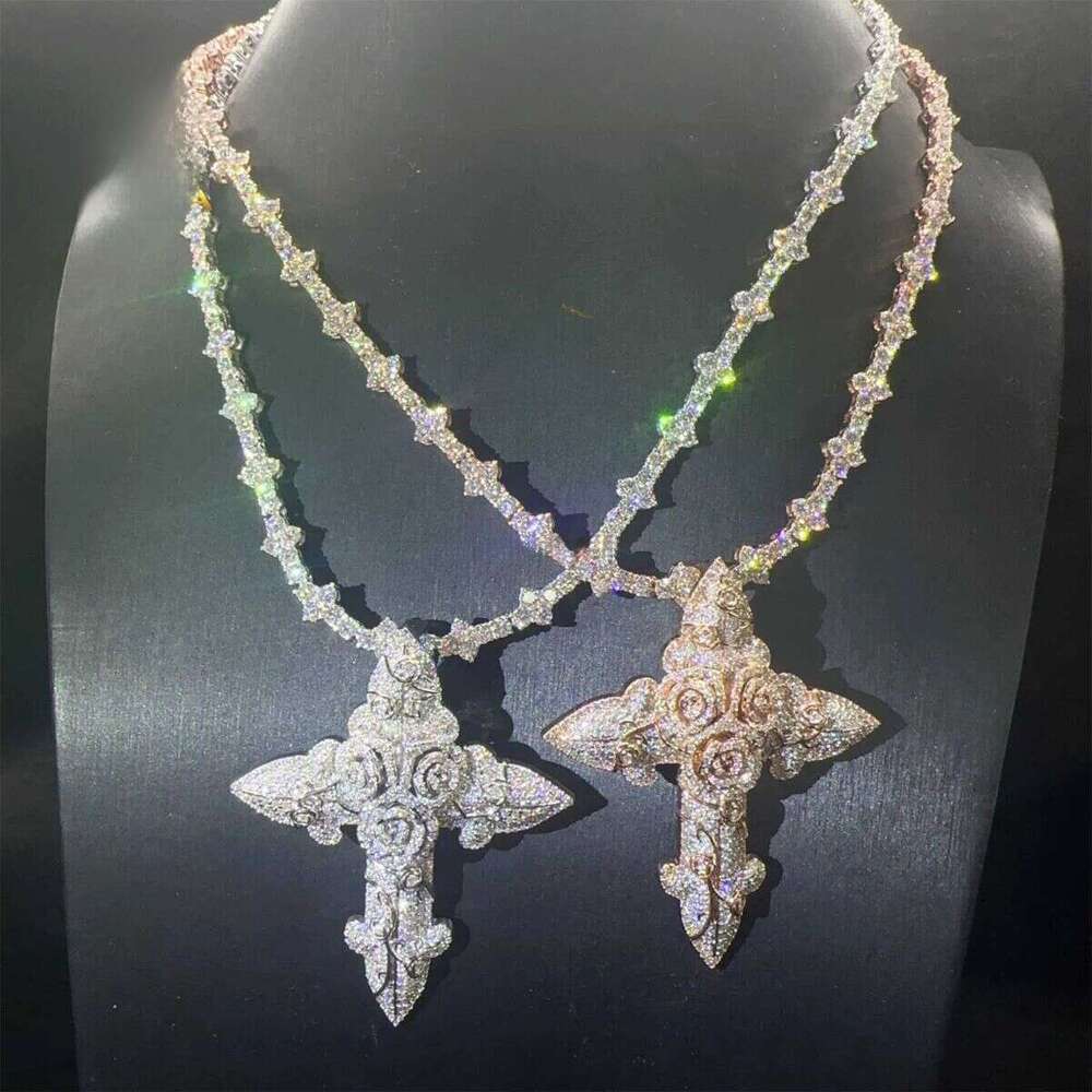 In Stock Fashion Man Jewelry Gold Color Hip Hop S VVS1 Moissanite Dia Rose wer Cross Pendant Necklace Set