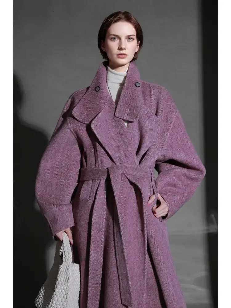 Office Lady Herringbone Alpaca Woolen Jackets 2025 Autumn And Winter Vertical Collar LaceUp Thick Loose Womens Long Wool CoatsT251101