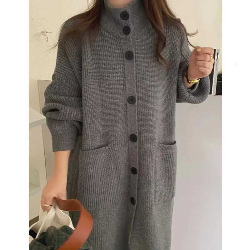 High Neck Sweater Womens Single Breasted Solid Color Long Sleeved Knitted Cardigan Mid Length Jacket Womens Spring and AutumnT251101