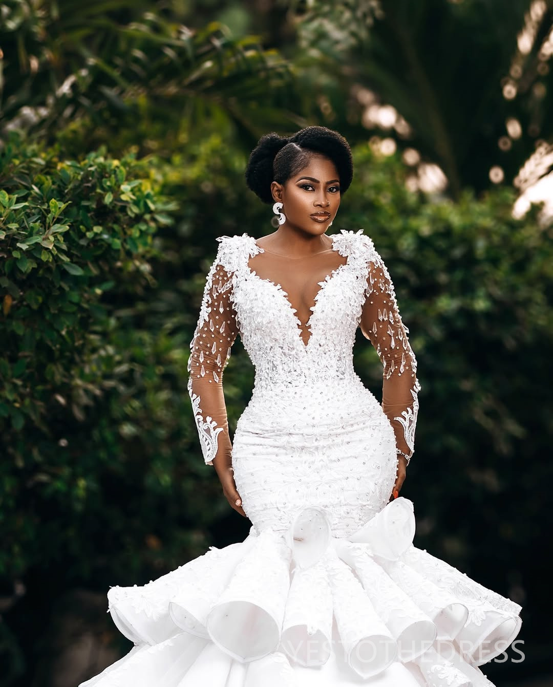 2025 Plus Size Mermaid Wedding Dress Bridal Gowns For Bride Long Sleeves Tiered Sheer Neck Illusion Long Sleeves Beaded Lace Wedding Gowns For Black W
