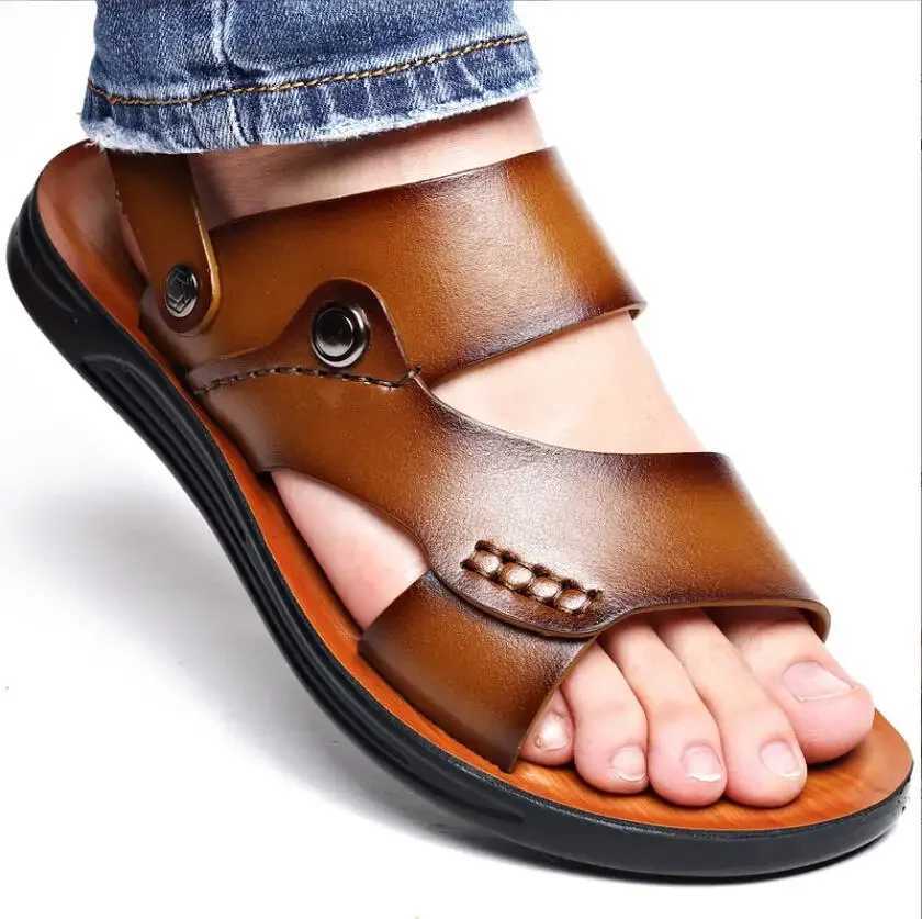 2025 Summer New Mens Fashion Leather Sandals Denim Leather Casual Mens Cool Beach Shoes Z250401