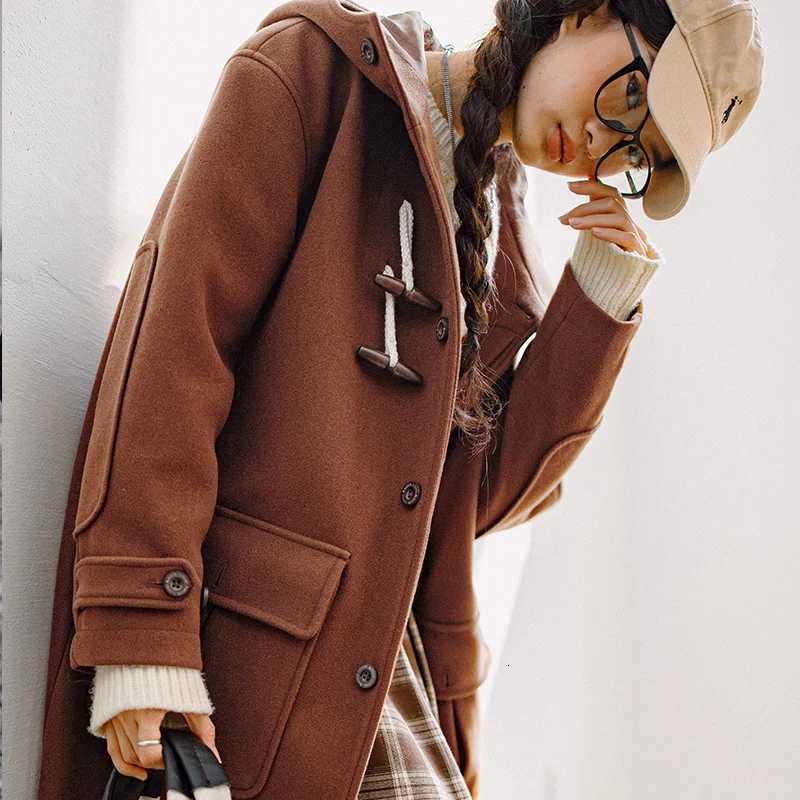 Maden Vintage College Style Horn Button Woolenlike Coat Midlength Loose Fit Commuter Hooded Thick Winter Jacket for WomenT251101