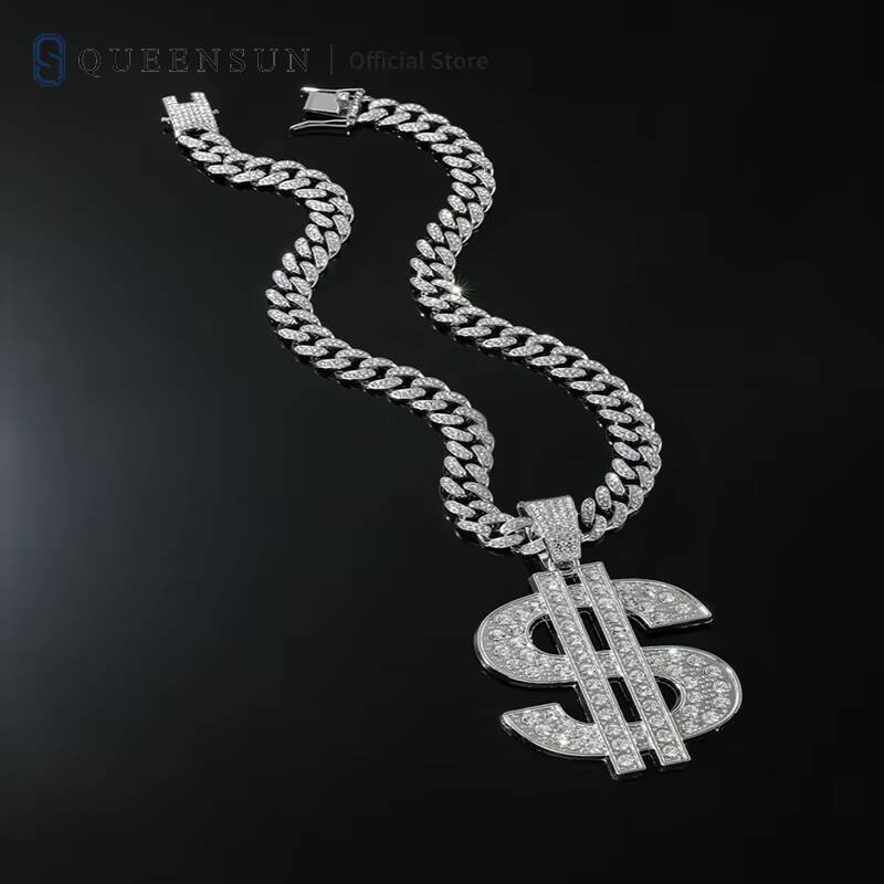 Queensun Mens Hip Hop Cuban Chain Pendant Necklace All Ice VVS Moissanite Cultivated Diamond Letter Pattern Hip Hop Jewelry