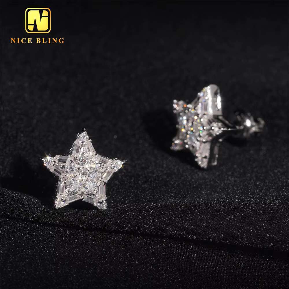 Hip Hop Jewelry Pass Diamond Tester Star Shape Baguette Diamond 925 Sterling Silver Moissanite Stud Earrings