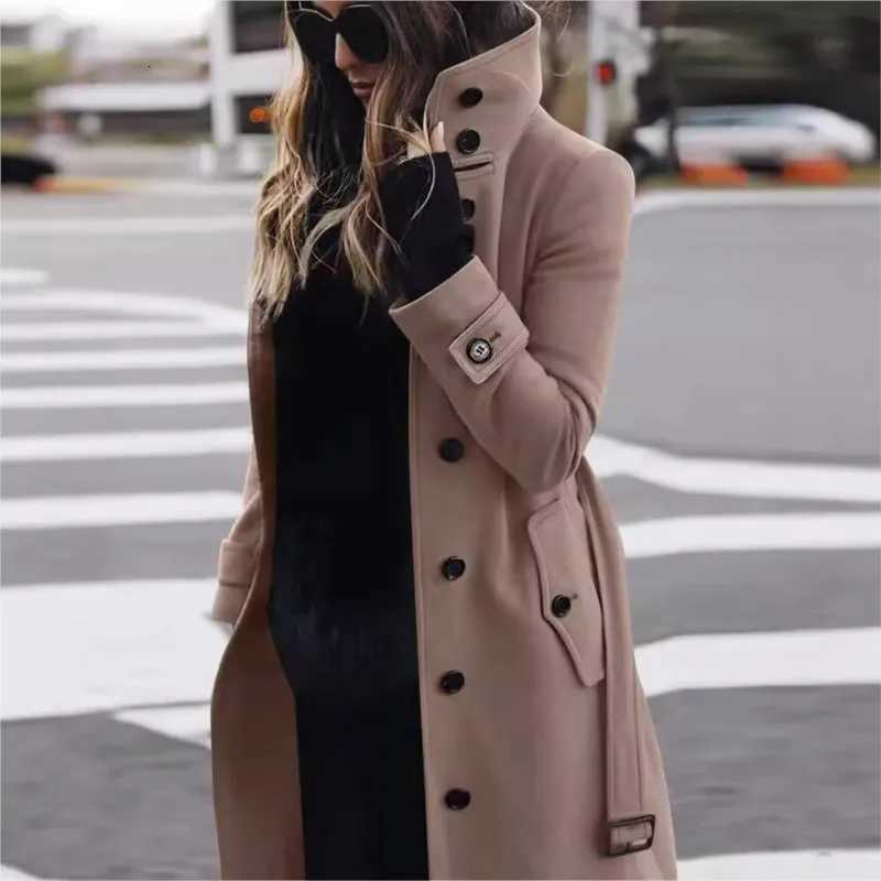 Autumn Winter New Woolen Coat Womens Slim Fit Cardigan Large Coat Women Long Sleeve Single Breasted Stand Collar Trench coatsT251101