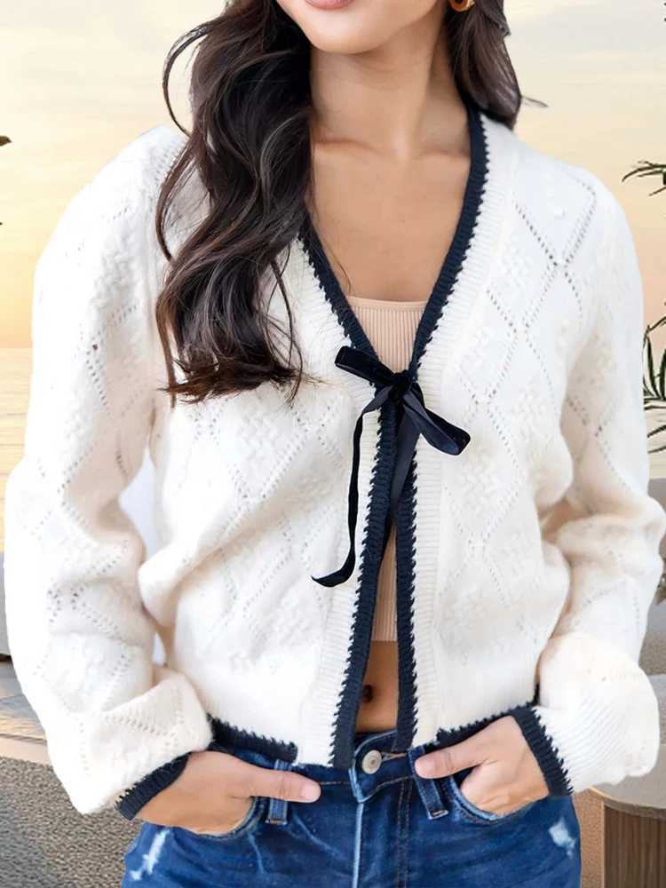 New Fashion Bow Tie Cardigan Sweater VNeck LongSleeved Knitwear Jacket Elegant Casual Womens Jacket Soft Beige Warm Loose TopT251101