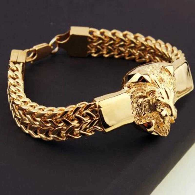 Domineering Lion Head Animal Bracelet Mens Stainless Steel Braided Chain Bracelet Hip Hop Jewelry Y250329
