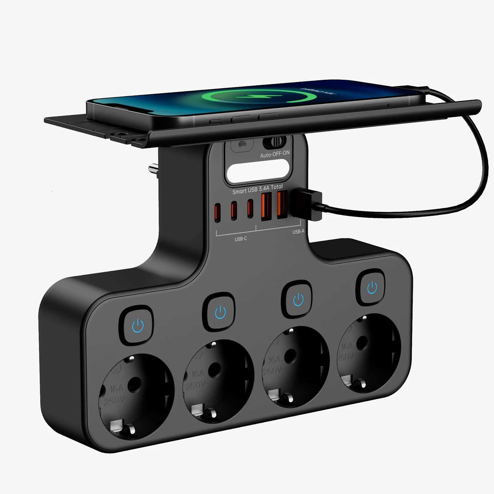 4000W EU Mtifunction Socket Smart Night Light Individual Switch EU Plug 4 AC Power Strip with Phone Holder 2 USBA 2 USBC Y251101