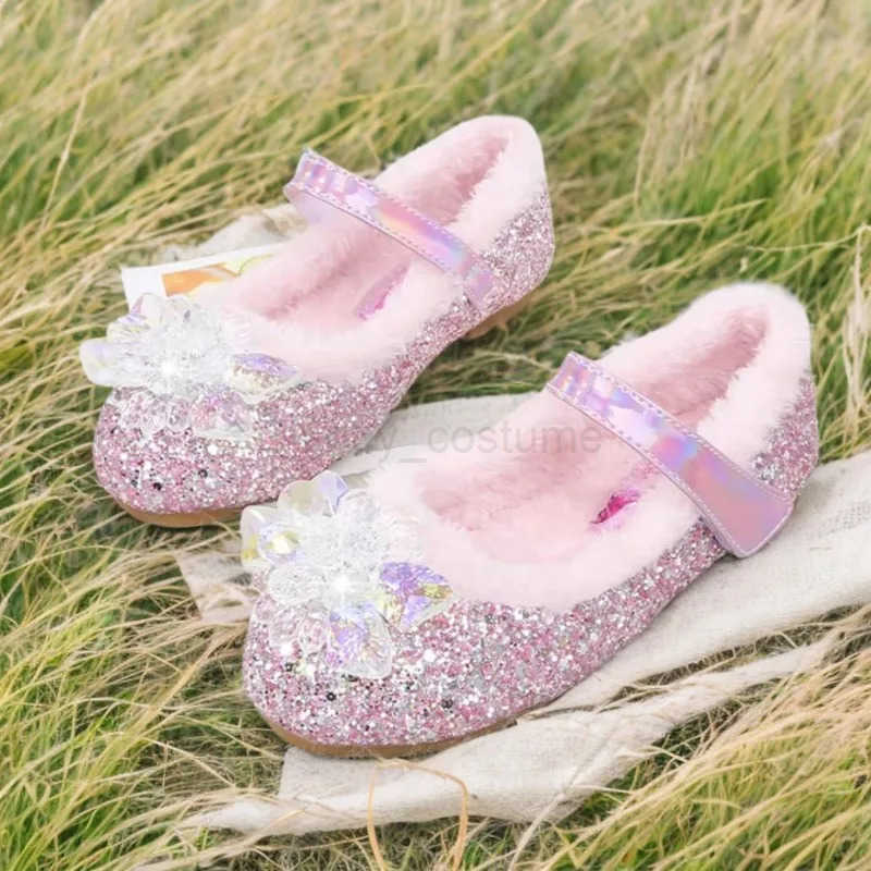 Disney Girls Plush Slippers Frozen Cute Childrens Princess Elsa Winter Cotton Slippers Baby Snow Home Pink Blue Shoes Size 23 H251101