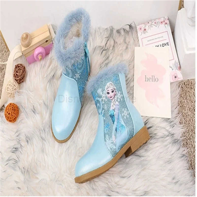 Disney Girls Boots Winter Fashion Frozen Elsa Princess Childrens Short Girls Cotton Fur Ankle Boots Girls Pink Shoes Size 25 H251101