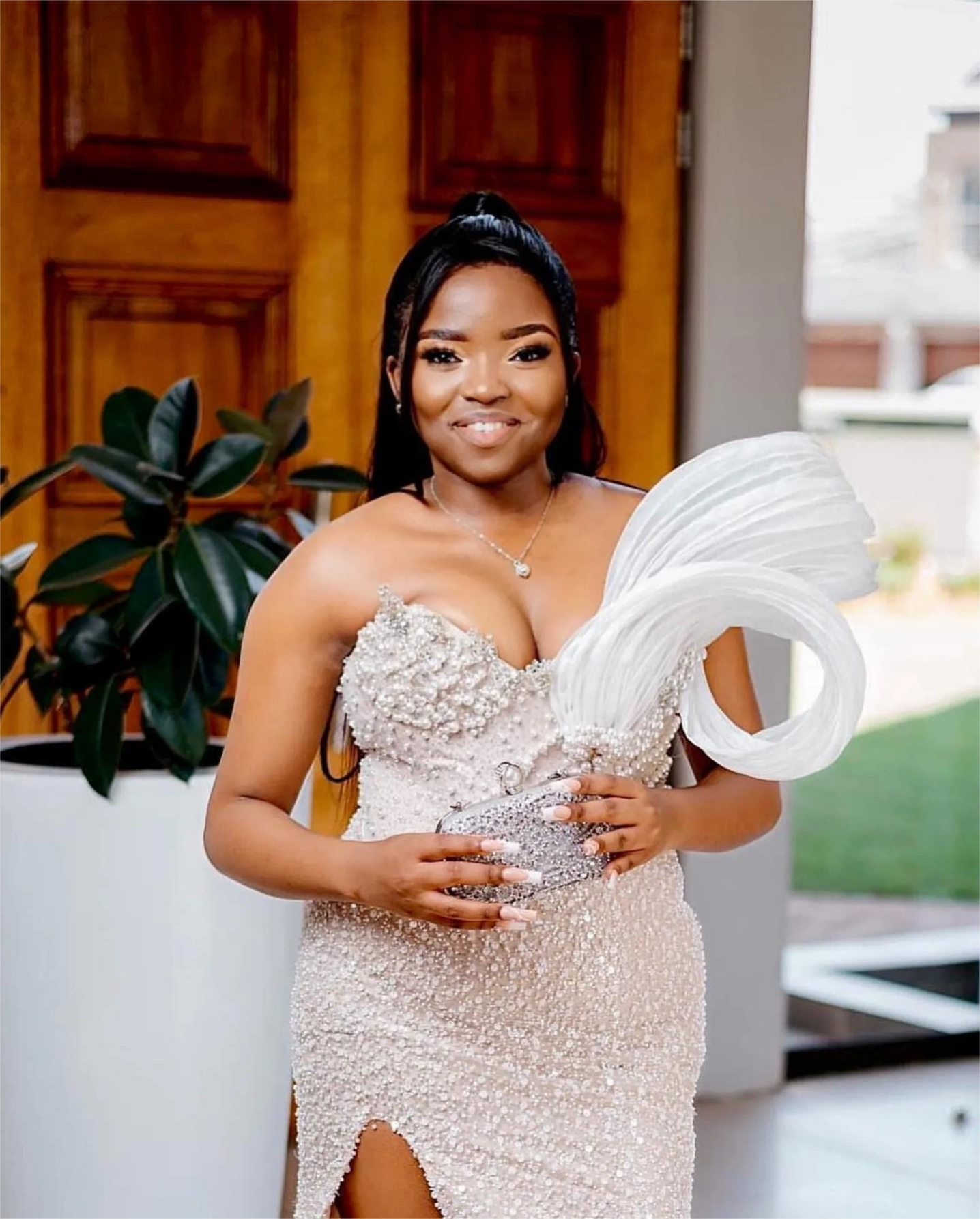 Ivory Mermaid Prom Dress Beaded Pearls High Split Evening Formal Party Second Reception Birthday Engagement Gowns Dresses Robe De Soiree