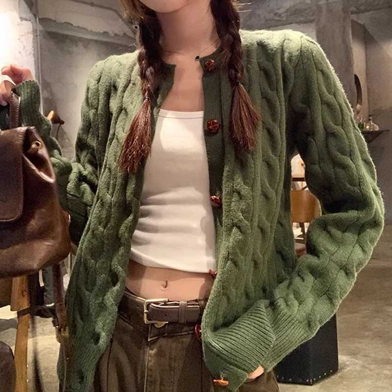 Retro Green Knitted Cardigans Women Autumn Winter Single Breasted Crop Cardiagn Woman Chic Round Neck Long Sleeve Sweater CoatsT251101