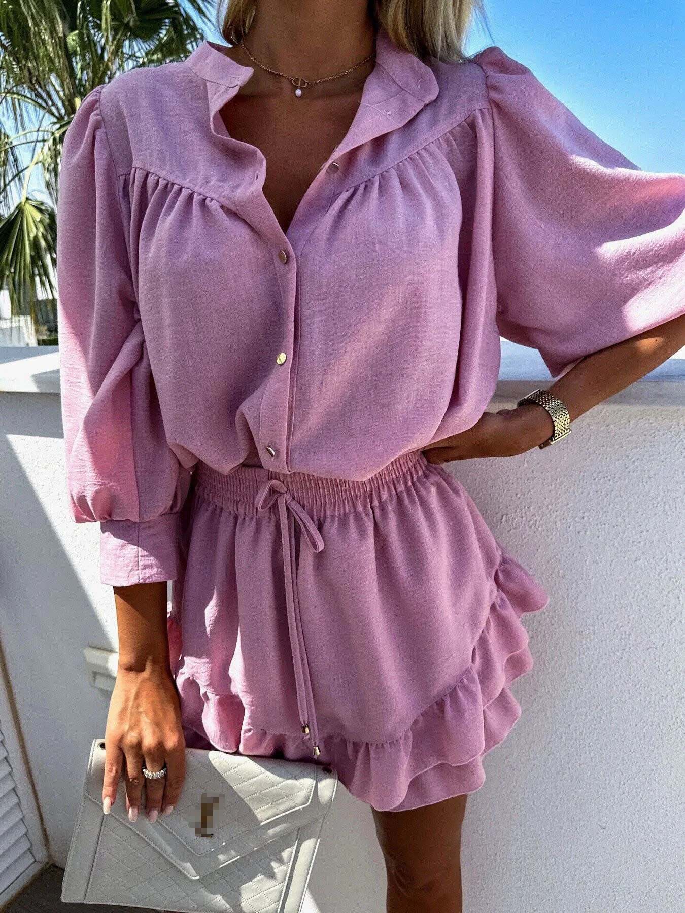 Womens pure cotton linen shirt dress set with three quarter sleeves monochrome casual summer solid color fashion holiday clothing 250327