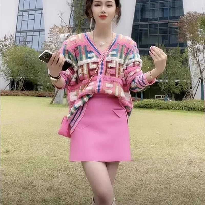 Womens Clothing Colorblocked Plaid Cardigan Sweater for Women Autumn Winter Casual Loose Thickened Pink Knitted Jacket TopT251101