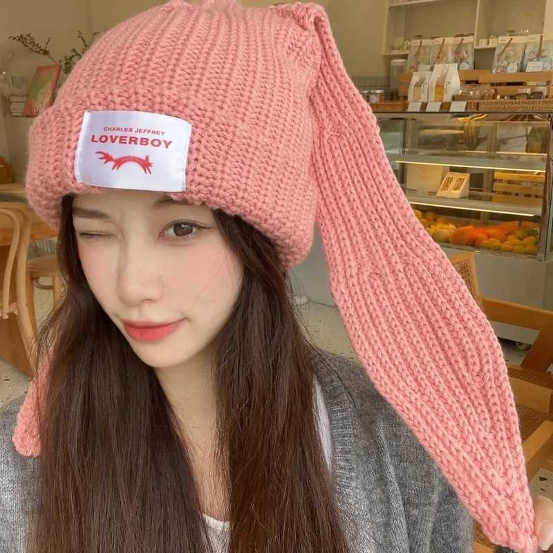 Rabbit Ears Knitted Woolen Hat Winter Thick and Warm Lambhair Ski Mask Beanie Hat for Women Balaclava Mask Beanies for WomenXJ251101