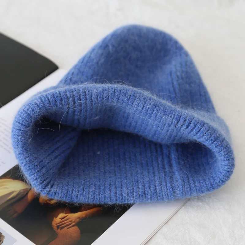 Angora Rabbit Fur Knitted Hat Women Soft Warm Fluffy Winter Hat Korea Ins Fashion Beanies Female Bonnet Warm Knit Skullies CapXJ251101