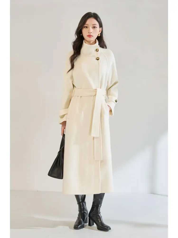 Office Lady Elegant Fashion Woolen Jackets 2025 Autumn And Winter Stand Collar LaceUp Loose Womens 100 Wool Long CoatsT251101