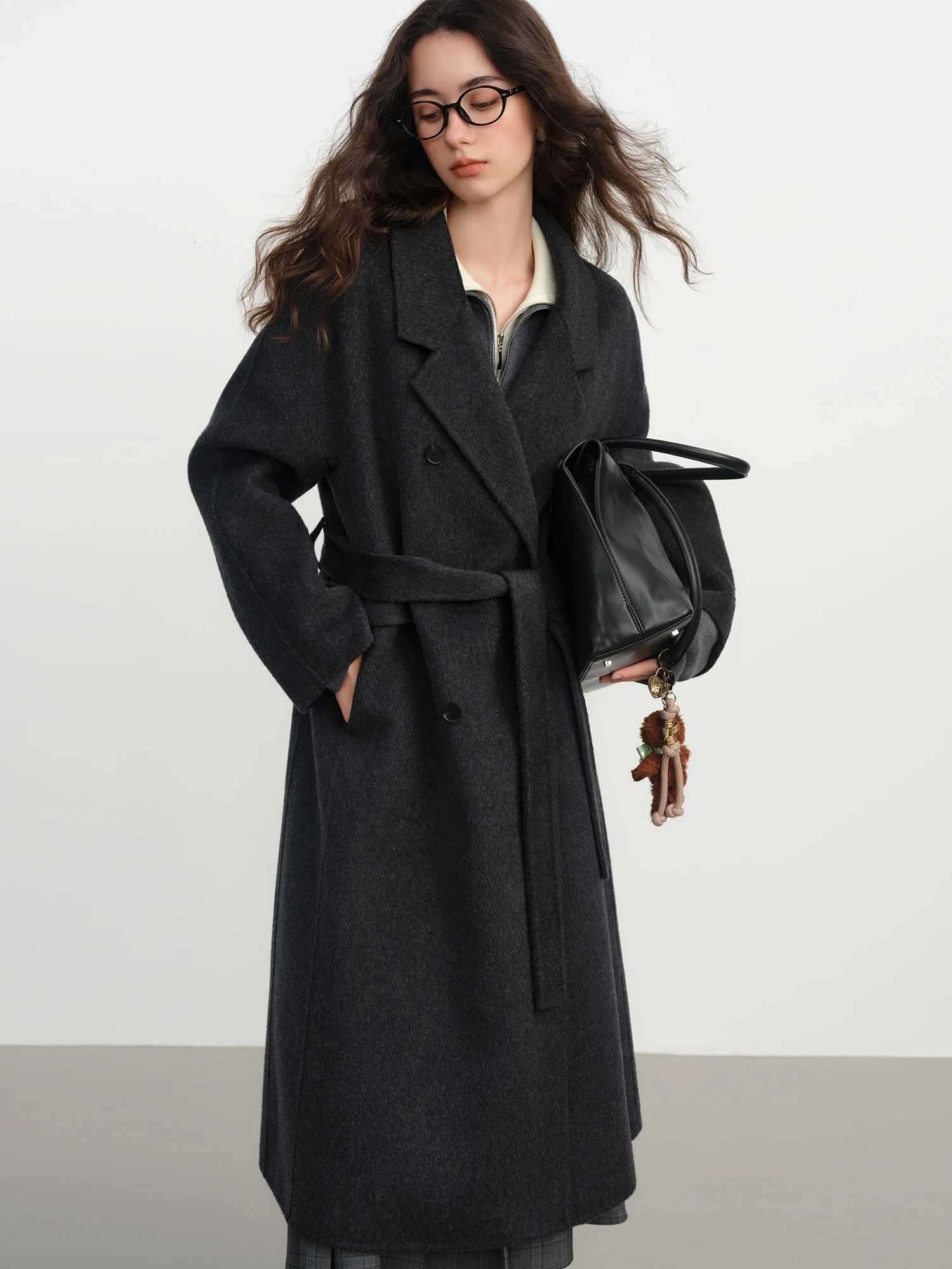 FSLE Cashmere Doublebreasted Collar Woolen Coat Women 2025 Winter Commuting Light Blue Casual Loose Lazy Simple CoatT251101