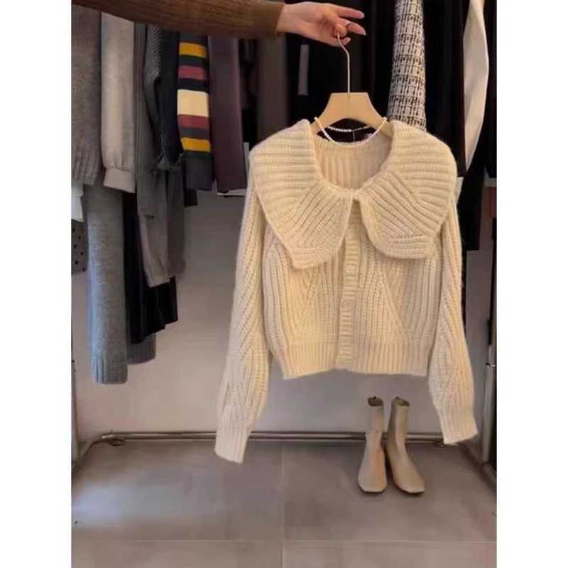Fashion Doll Collar Knitted Cardigan Women Sweater Autumnwinter Casual Lapel Loose Long Sleeved Jacket Elegant Simple Solid TopT251101