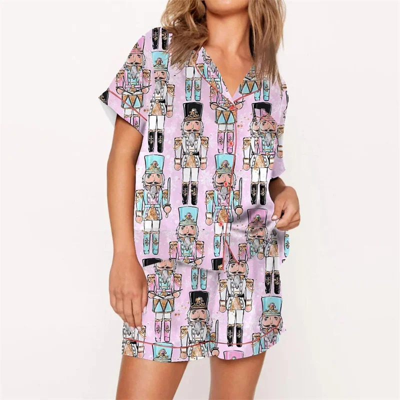 Nutcracker Pajamas Women Christmas Pajama Set Short Sleeve TopsElastic Waist Shorts Santa Claus Avatar Print Sleepwear Outfits 251031