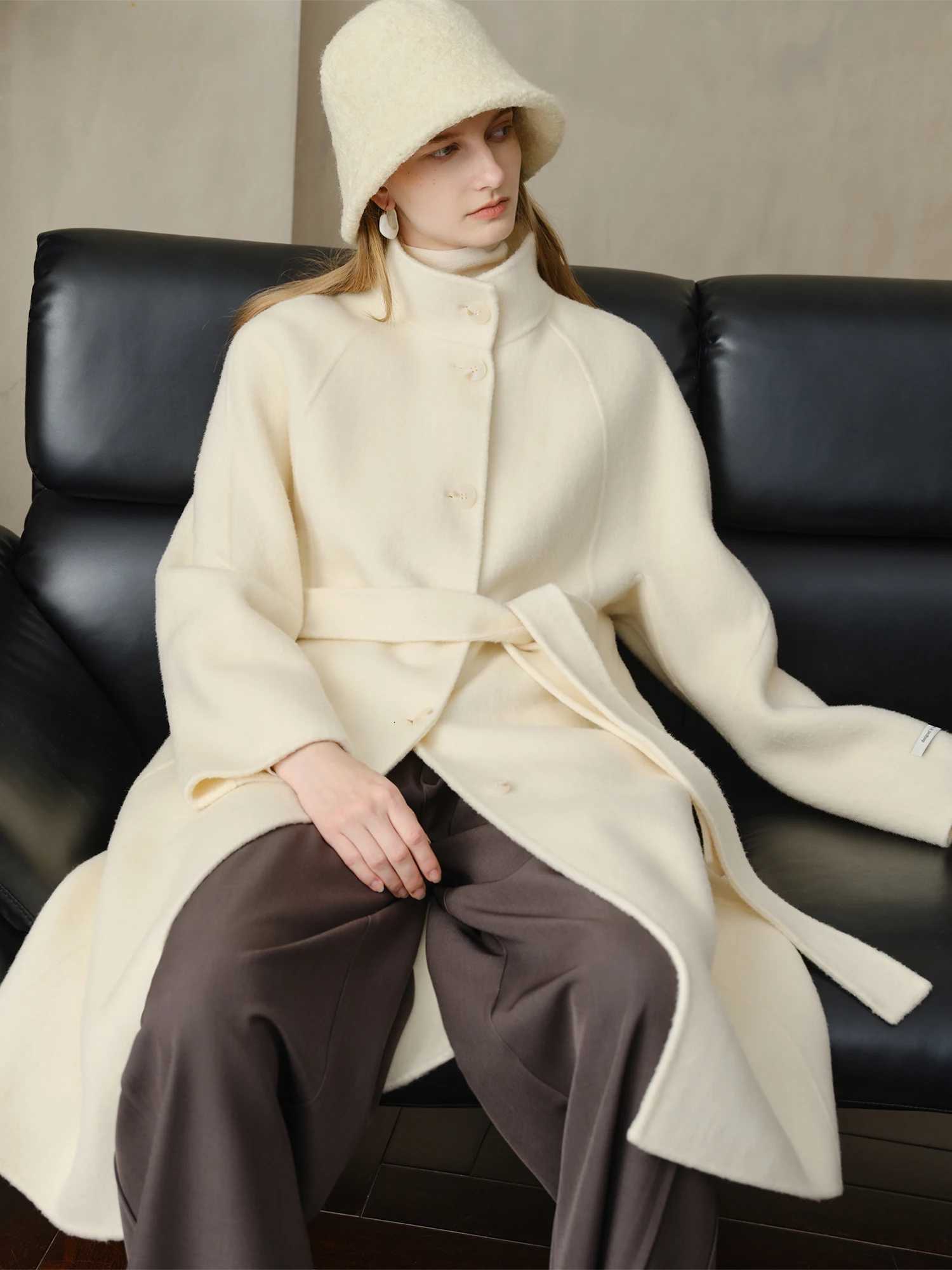 ZIQIAO White Yak Wool Coat Women 2025 Winter New Woolen Coat Sashes Solid Simple Clean Fit Ins Temperament Commuting CasualT251101