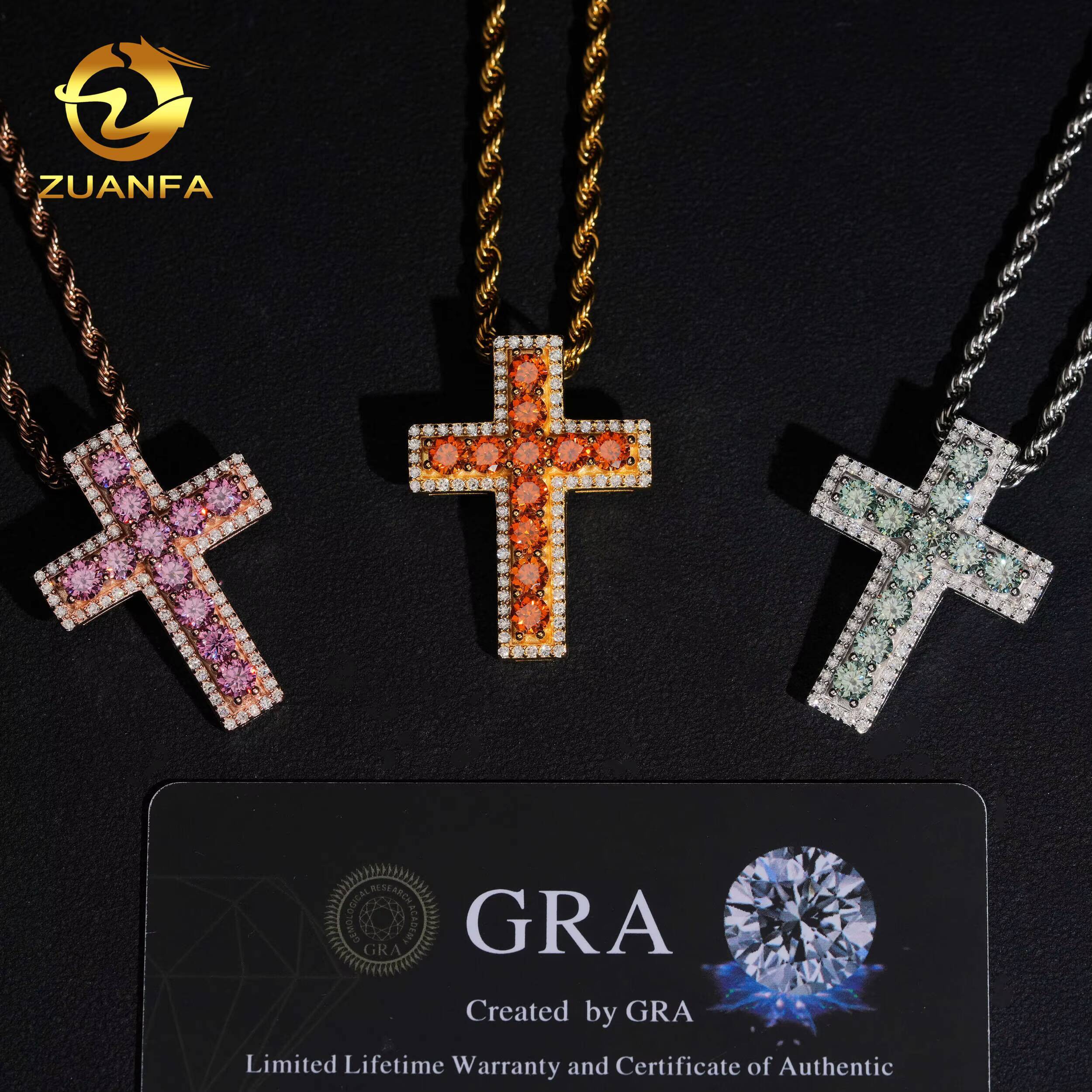 Ready to Ship Color Moissanite Hip Hop Jewelry Cross Iced Out Pendant Sterling Silver 925 Moissanite Charm Pendant