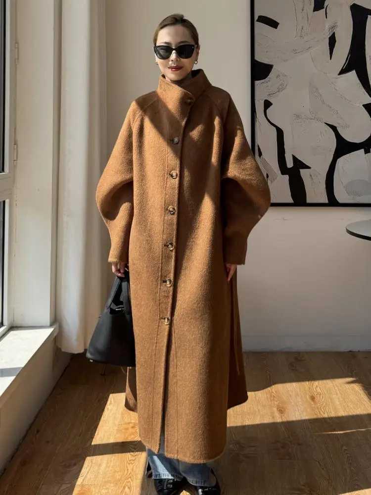 Office Lady SingleBreasted Woolen Jackets 2025 Autumn And Winter Suit Collar LaceUp Loose Long Womens 100 Wool CoatsT251101