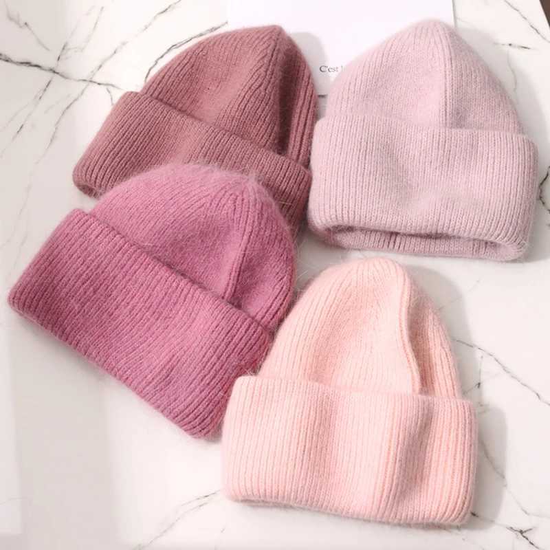 Winter Angola Rabbit Fur Knitted Beanies For Women Fashion Solid Warm Cashmere Wool Skullies Cap Female Three Fold Thick HatsXJ251101