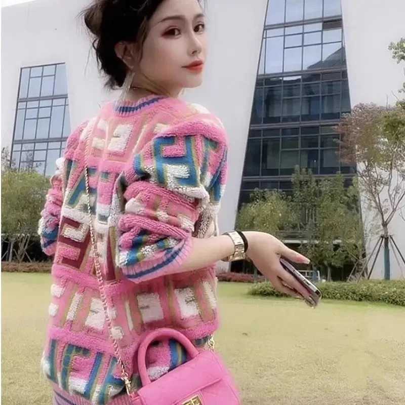 Womens Clothing Colorblocked Plaid Cardigan Sweater for Women Autumn Winter Casual Loose Thickened Pink Knitted Jacket TopT251101
