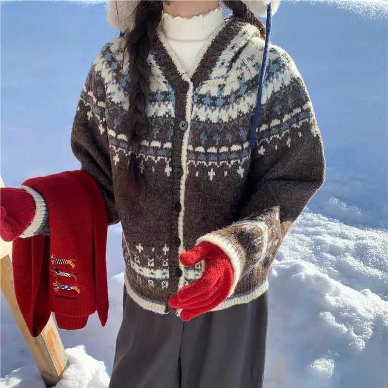 Autumn Winter Retro Jacquard Hooded Cardigan for Women Y2K Street Knitted Sweater Cardigan Fashion Warm Knitting Hoodies JacketT251101