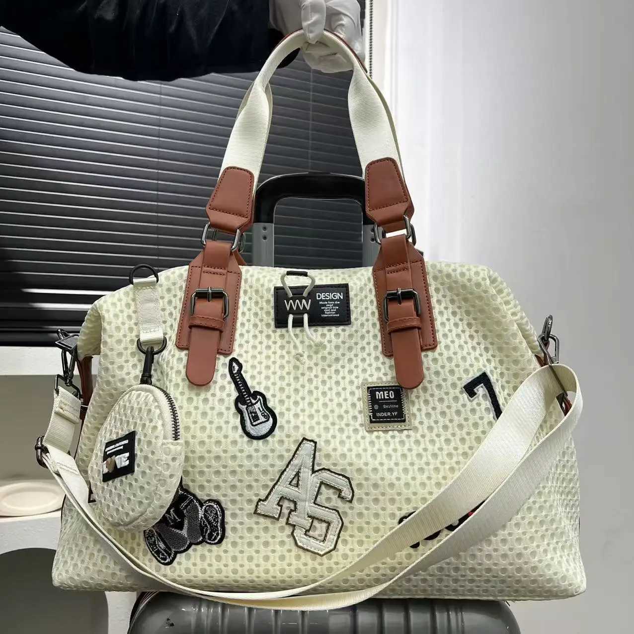 Fashionable womens mesh nylon adhesive tote bag large capacity splicing shoulder bag short distance travel casual handbagW251101