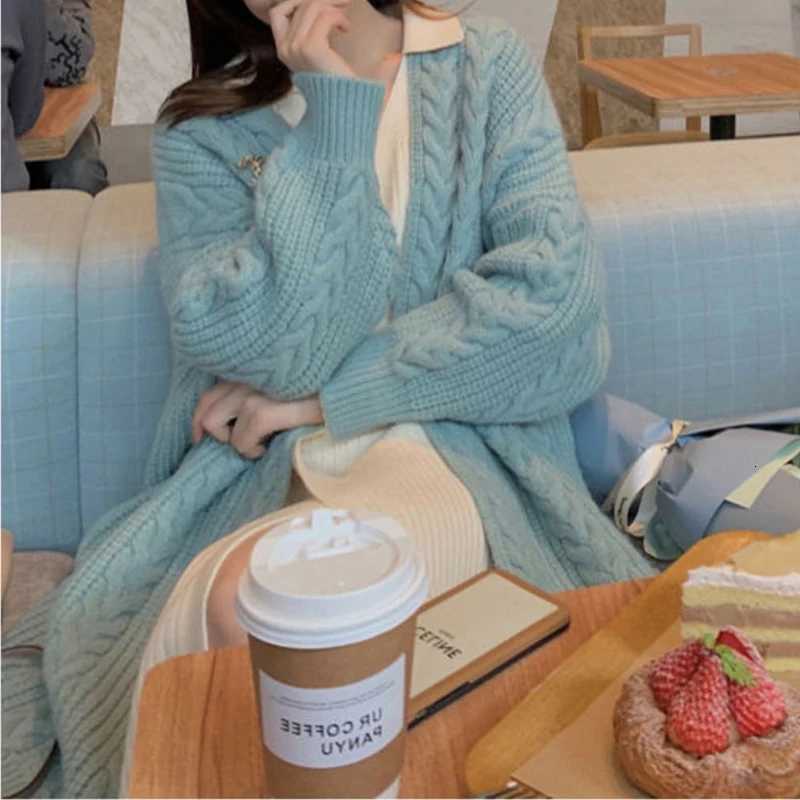 Women MidLength Knitted Cardigan Coat Solid Rib Outerwear Warm Sweater Coat Fall Winter Casual Loose Thickened Long Sleeve CoatT251101