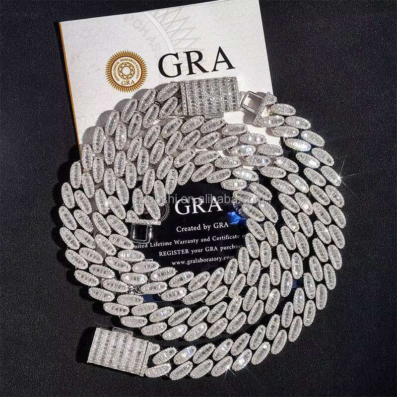 Hip Hop Jewelry 925 Silver Gold Plated 3 Rows 15MM Baguettes Iced Out Necklace Simulated Diamond Miami Cuban Link Chain